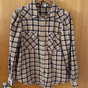 Sundance pearl snap up flannel plaid tan/pink/sage western cotton shirt. Sz M